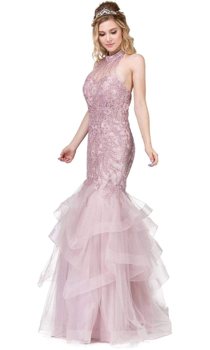 Dancing Queen - 2447 Gold Applique Halter Tiered Mermaid Prom Dress Prom Dresses XS / Dusty Pink