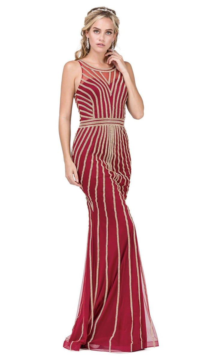 Dancing Queen - 2448 Metallic Bead Striped Prom Gown Special Occasion Dress XS / Burgundy