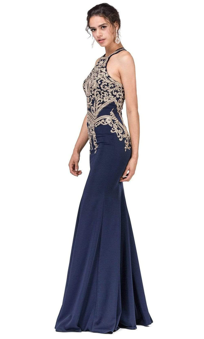 Dancing Queen - 2457 Gold Applique Halter Trumpet Prom Dress Special Occasion Dress XS / Navy