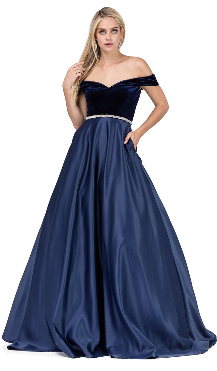 Dancing Queen - 2478 Embellished Off-Shoulder Homecoming Ballgown Special Occasion Dress XS / Navy