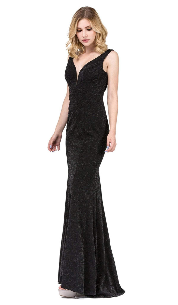 Dancing Queen - 2497 Shimmer Fabric Plunging Neck Fitted Prom Dress Special Occasion Dress XS / Black