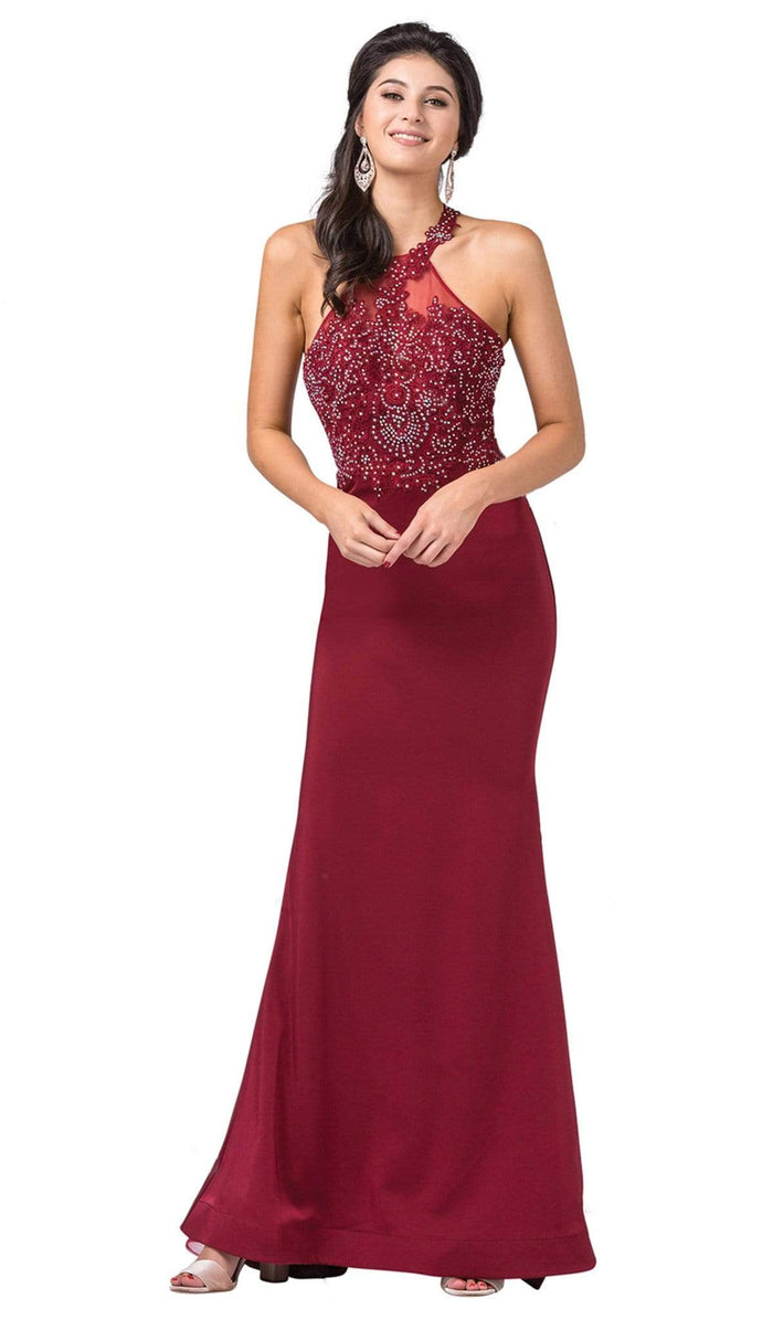 Dancing Queen - 2499 Appliqued Illusion Back Paneled Long Gown Prom Dresses XS / Burgundy