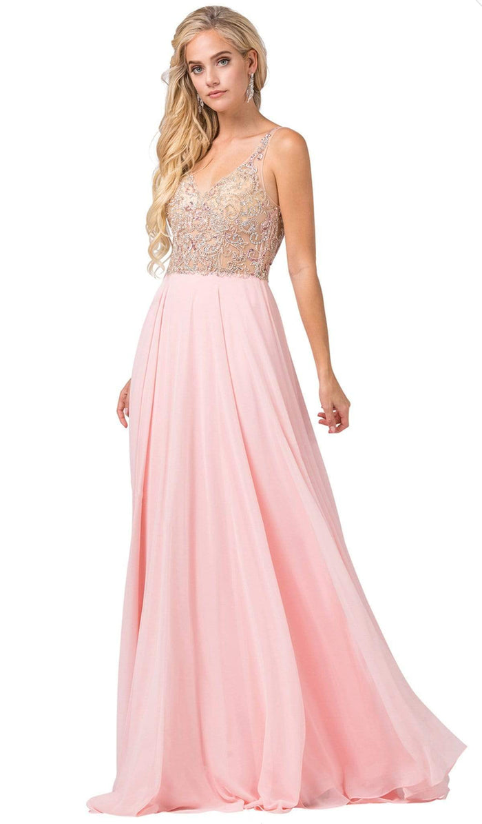 Dancing Queen - 2513 Beaded Embellished Illusion Bodice Chiffon Gown Prom Dresses XS / Blush