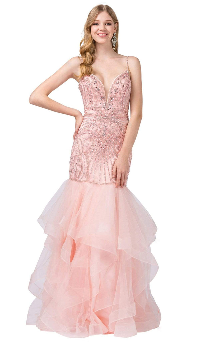 Dancing Queen - 2523 Bead-Adorned Plunging Sweetheart Trumpet Gown Prom Dresses XS / Blush