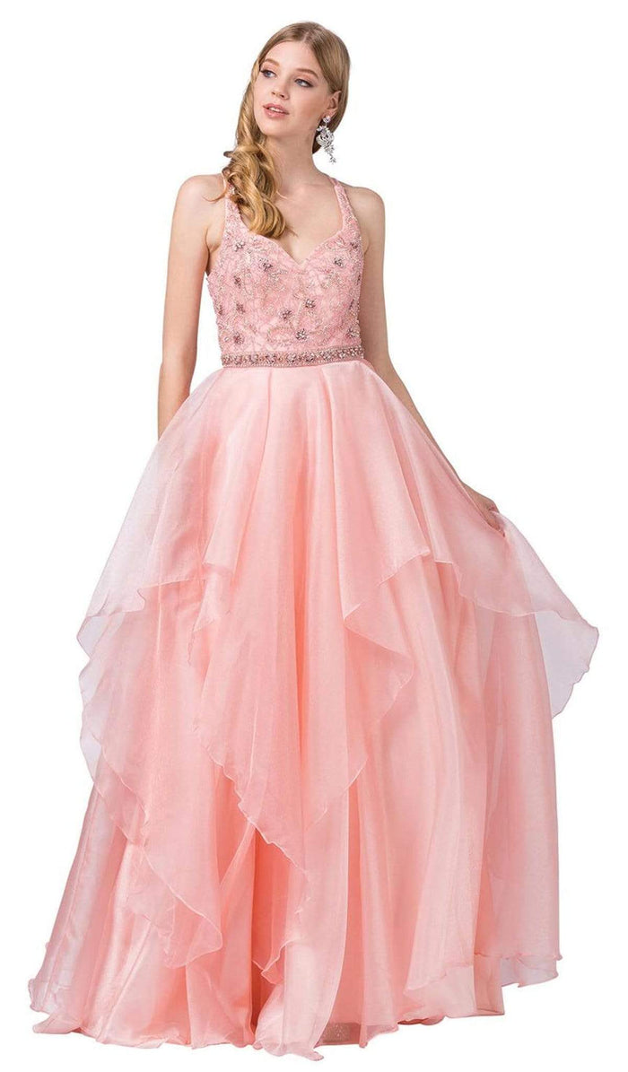 Dancing Queen - 2524 Embellished Halter V-neck Tiered Ballgown Special Occasion Dress XS / Blush