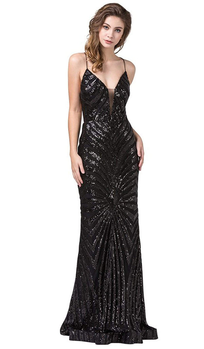 Dancing Queen - 2528 Sequined Deep V-neck Sheath Dress Special Occasion Dress XS / Black