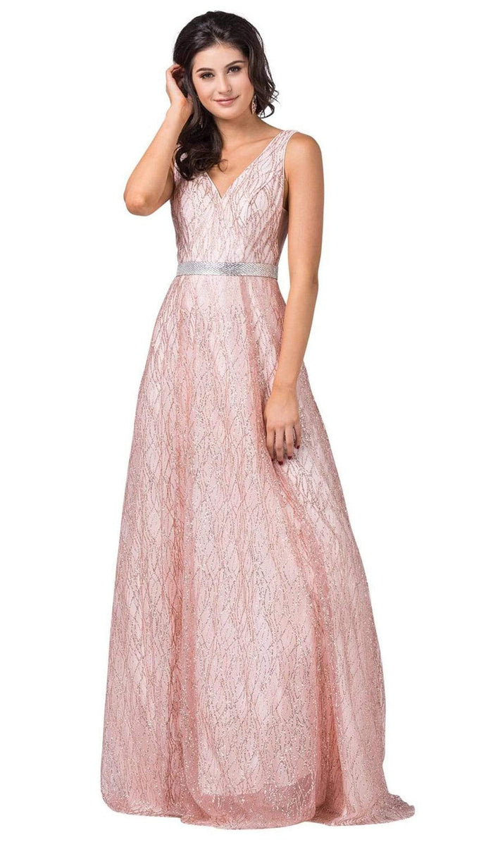 Dancing Queen - 2534 Glitter Mesh Sleeveless V-Neck Long A-Line Gown Special Occasion Dress XS / Blush