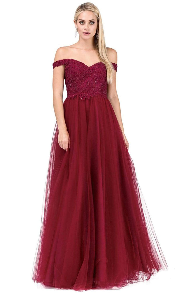 Dancing Queen - 2538 Embroidered Off-Shoulder A-line Gown Special Occasion Dress XS / Burgundy