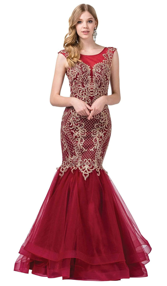 Dancing Queen - 2546 Embroidered Scoop Tiered Mermaid Dress Special Occasion Dress XS / Burgundy