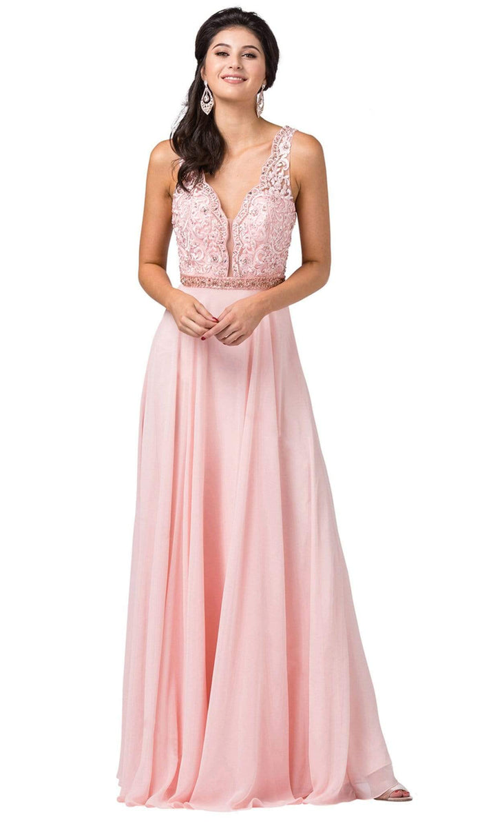 Dancing Queen - 2552 Scallop-Trimmed Plunging V-Neck A-Line Gown Prom Dresses XS / Blush
