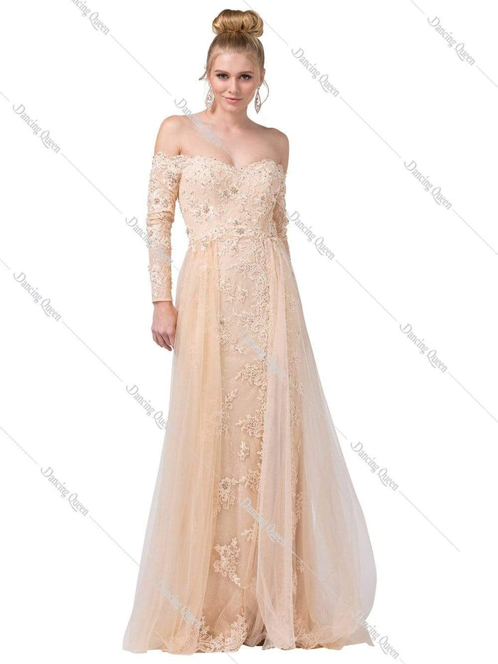 Dancing Queen - 2566 Long Sleeve Appliqued Lace Overskirt Gown Special Occasion Dress XS / Champagne