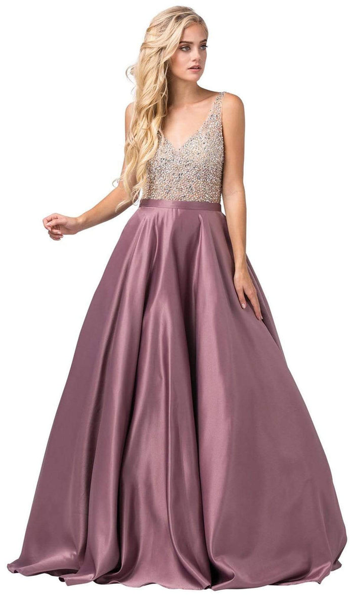 Dancing Queen - 2568 Embellished Plunging V-neck Ballgown Special Occasion Dress XS / Mauve