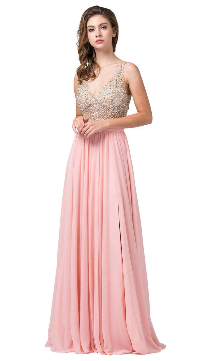 Dancing Queen - 2569 Illusion Beaded Bodice Flowy Prom Dress Prom Dresses XS / Blush