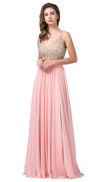 Dancing Queen - 2569 Illusion Beaded Bodice Flowy Prom Dress XS / Mocha - Shop Dancing Queen dresses on Couture Candy at CoutureCandy.com
