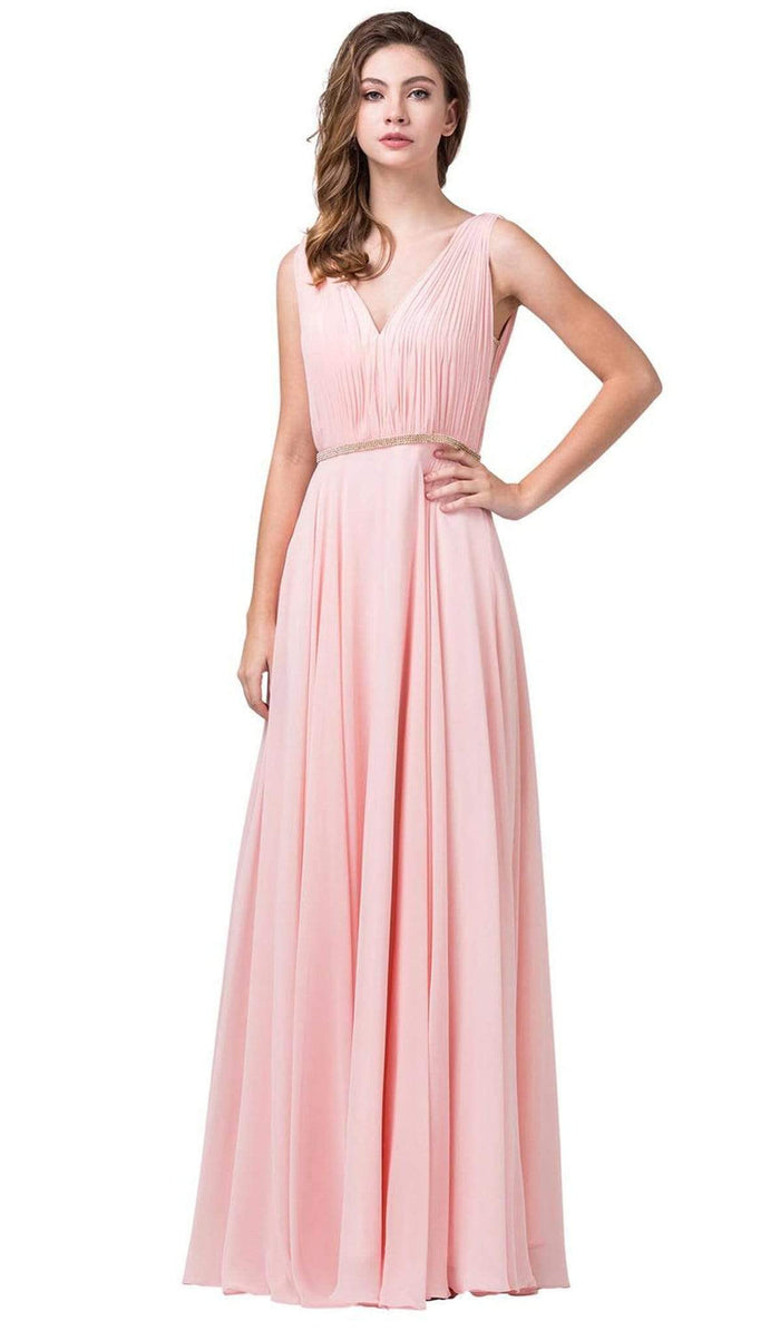Dancing Queen - 2588 Ruched Bodice A-Line Gown with Rhinestone Belt Special Occasion Dress XS / Blush