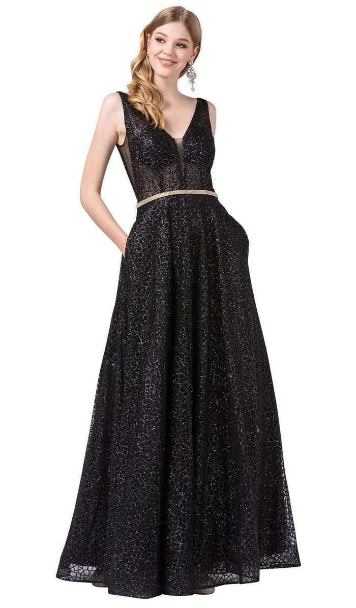 Dancing Queen - 2593 Illusion Plunging V Neck Glitter Mesh Prom Dress Prom Dresses XS / Black