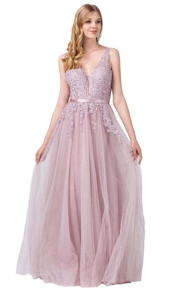 Dancing Queen - 2596 Illusion Plunging Neck Floral Applique Tulle Gown Special Occasion Dress XS / Dusty Pink