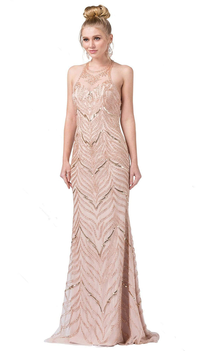 Dancing Queen - 2616 Embellished Halter Trumpet Dress Prom Dresses XS / Rose Gold