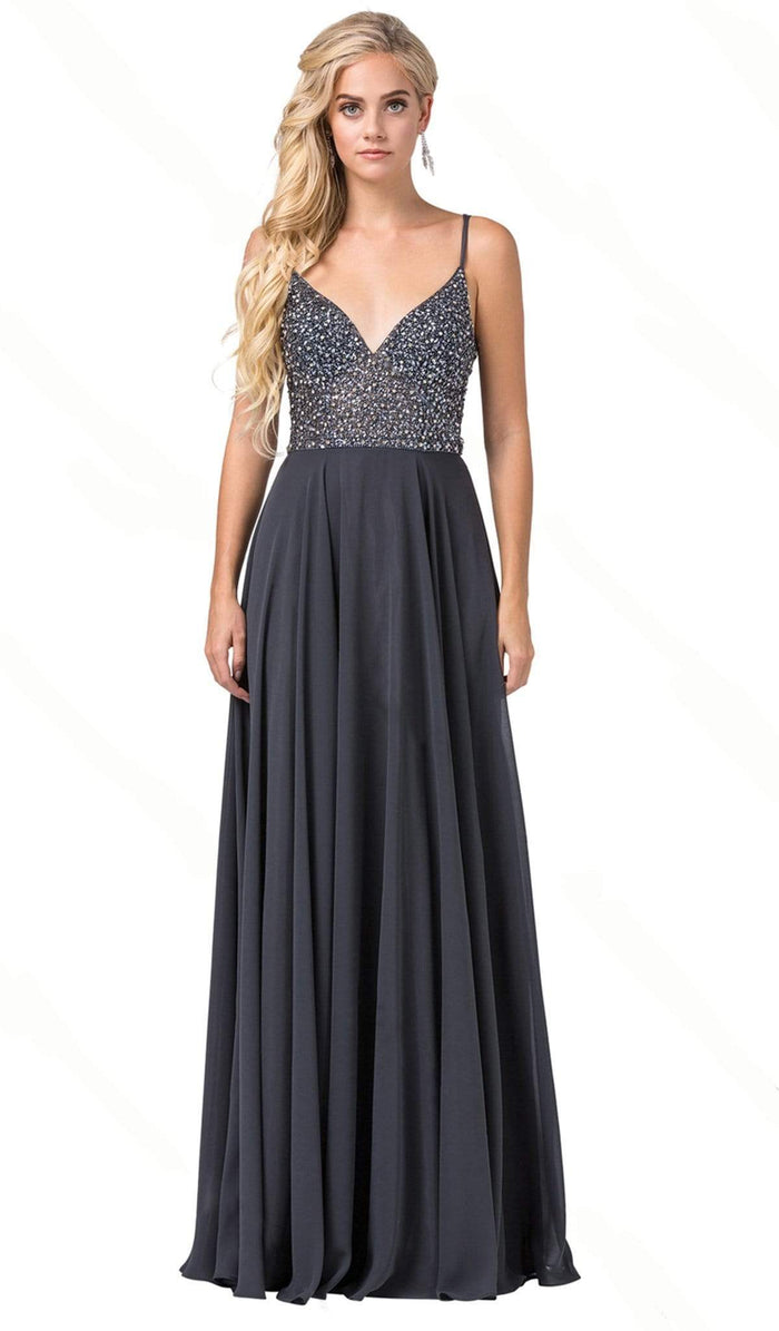 Dancing Queen - 2648 Beaded V-Neck A-Line Prom Dress Prom Dresses XS / Charcoal