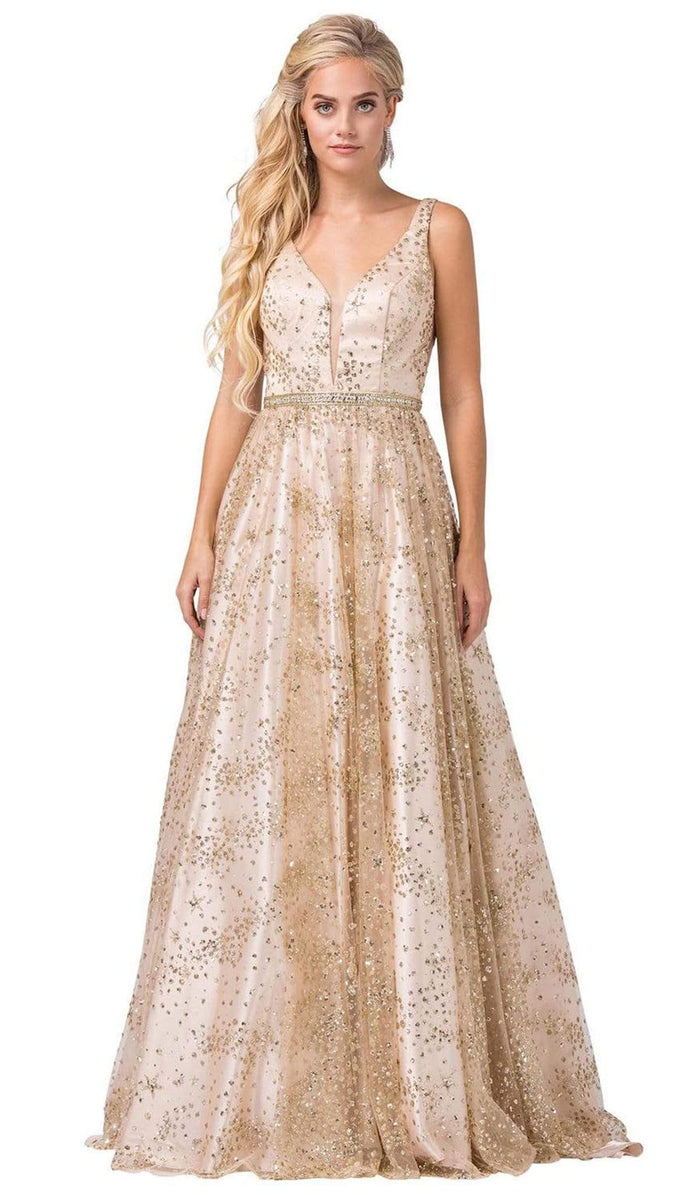 Dancing Queen - 2650 Embellished Deep V-neck A-line Gown Special Occasion Dress XS / Gold