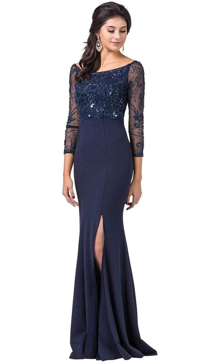 Dancing Queen - 2672 Bateau Neck Sheer Sleeves Embellished Bodice Fitted Long Dress - 1 pc Navy In Size M Available CCSALE M / Navy