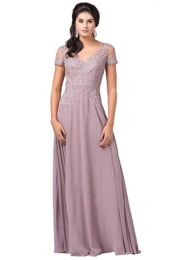 Dancing Queen - 2757 Short Sleeve Jewel Appliqued A-Line Gown Special Occasion Dress XS / Mocha