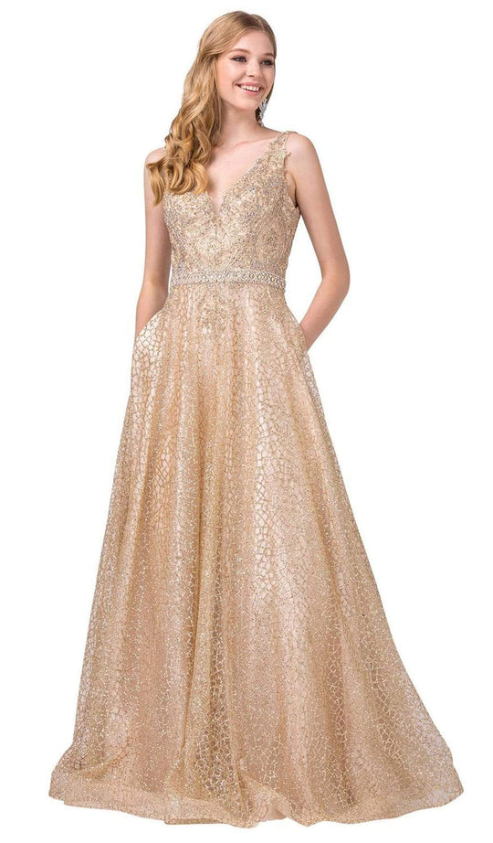 Dancing Queen - 2775 Embellished V-neck Long A-line Dress