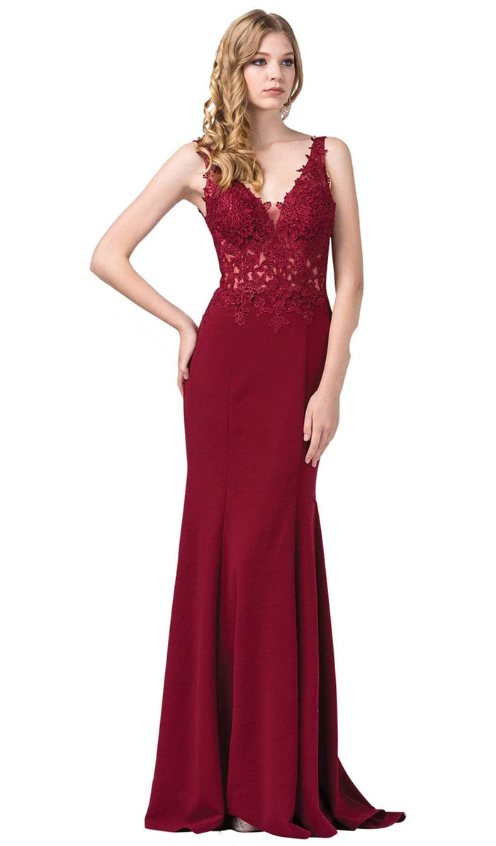 Dancing Queen - 2781 Lace Plunging V-neck Trumpet Dress Special Occasion Dress XS / Burgundy