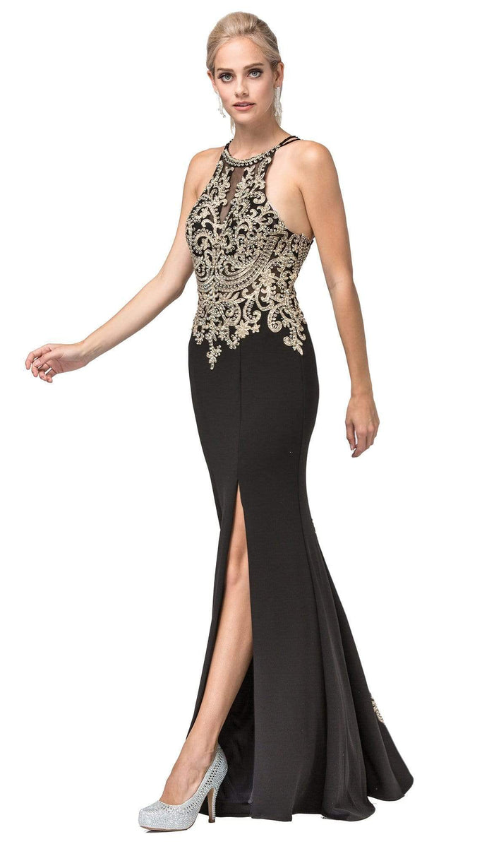 Dancing Queen - 2836 Appliqued Halter Gown with Slit Evening Dresses XS / Black