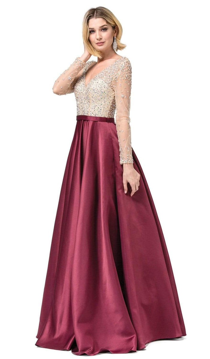 Dancing Queen - 2840 Long Sleeve Beaded Satin Dress Prom Dresses XS / Burgundy