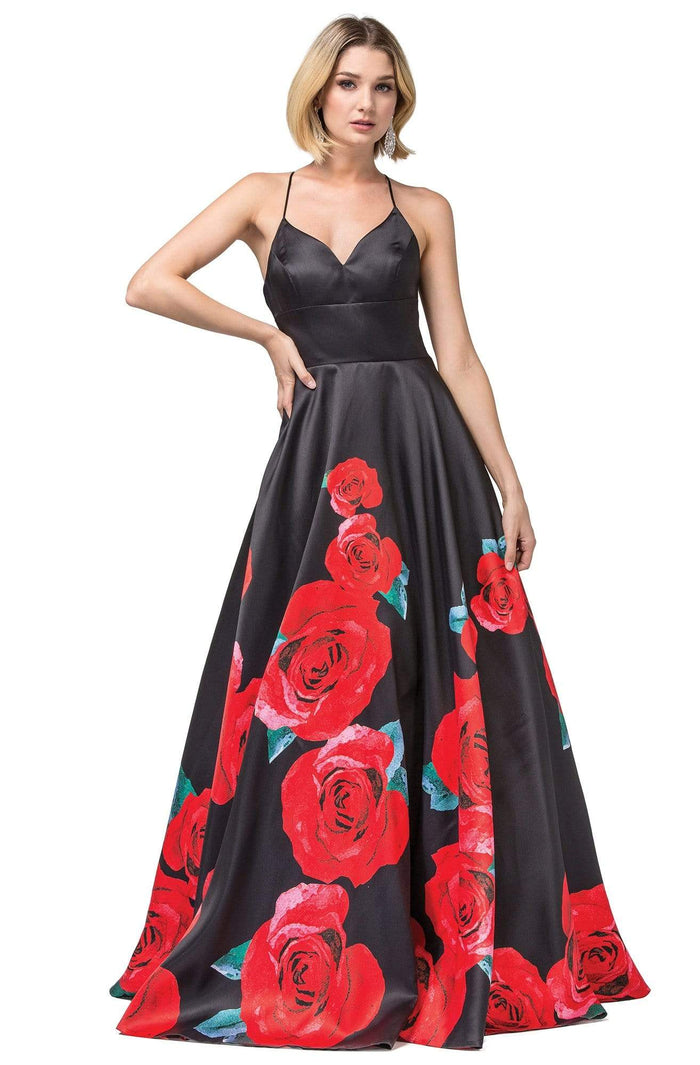 Dancing Queen - 2843 Floral V-Neck Pleated Ballgown Prom Dresses XS / Black Red Print