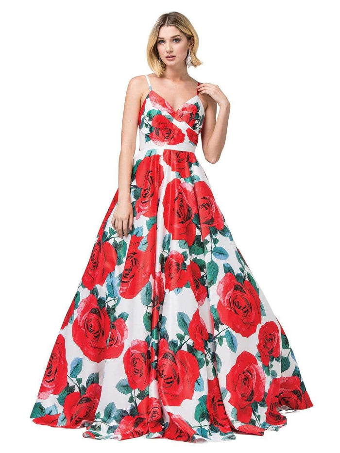 Dancing Queen - 2845 Floral Ruched V-Neck Ballgown Prom Dresses XS / White Red Print