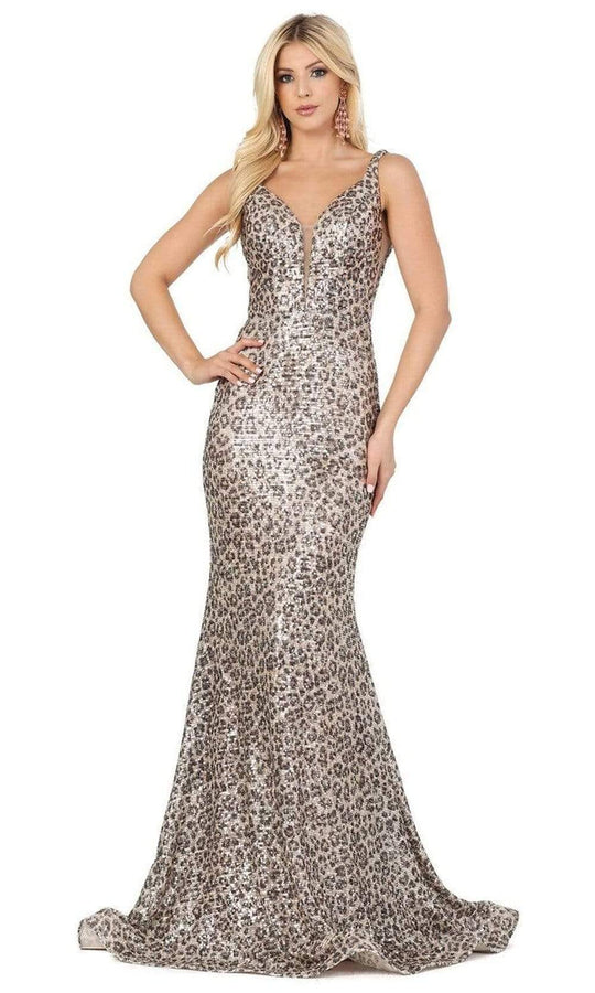Dancing Queen - 2921 Printed Deep V-neck Trumpet Dress
