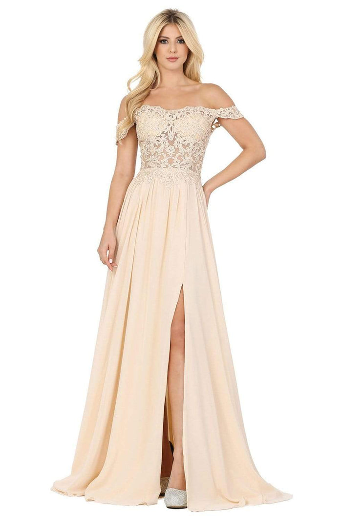 Dancing Queen - 2933 Beaded Lace Applique Bodice High Slit Prom Dress Evening Dresses XS / Champagne