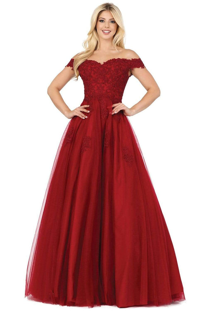 Dancing Queen - 2939 Embroidery Appliqued Off Shoulder Long Gown Prom Dresses XS / Burgundy