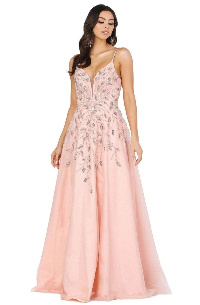 Dancing Queen - 2965 Embellished Deep V-neck A-line Dress Prom Dresses XS / Blush