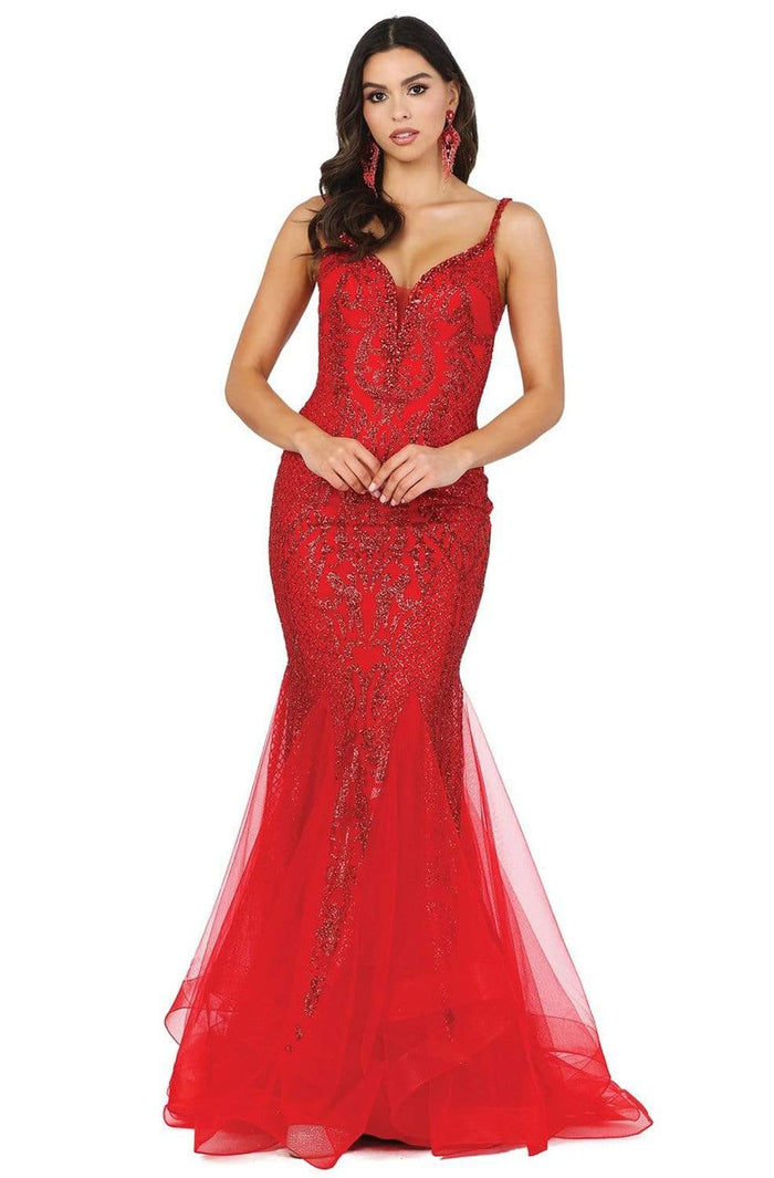 Dancing Queen - 2972 Embellished Tulle Godets Trumpet Prom Dress Evening Dresses XS / Red