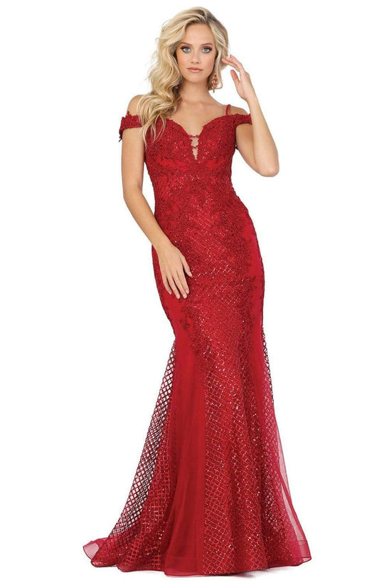 Dancing Queen - 2995 Off Shoulder Deep V-Neck Lace Sequins Prom Gown