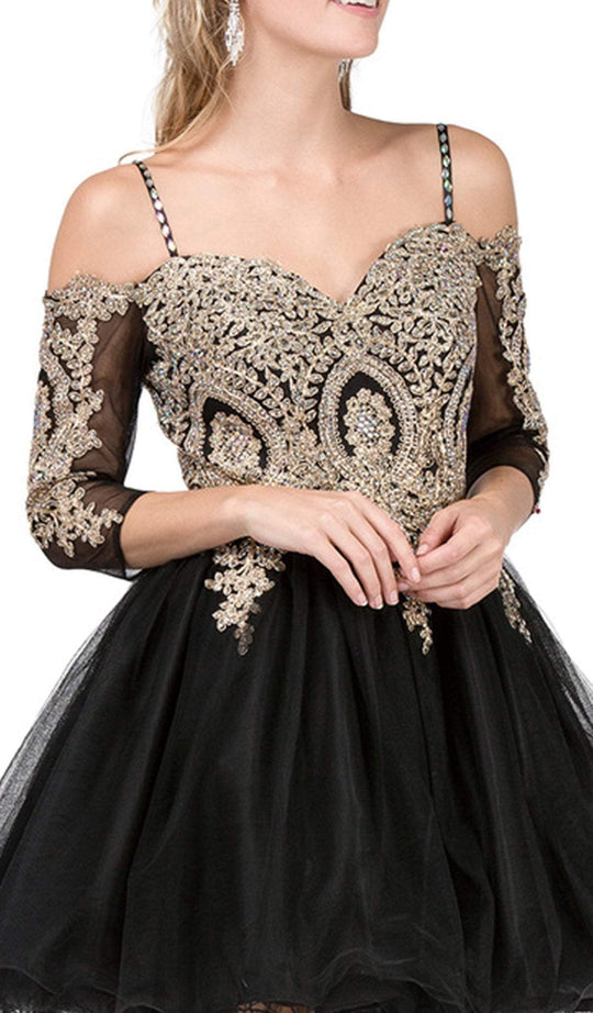 Dancing Queen - 3001 Cold Shoulder Gold Lace Applique Cocktail Dress
