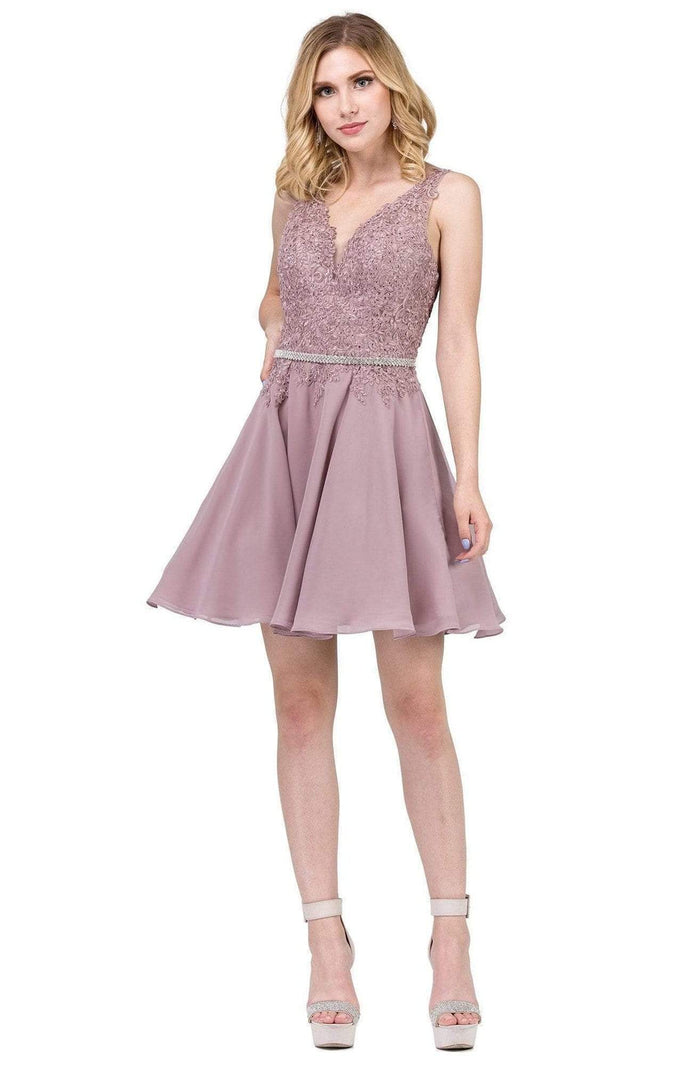 Dancing Queen - 3011 Plunging V-Neck Lace Bodice Homecoming Dress Homecoming Dresses XS / Mocha