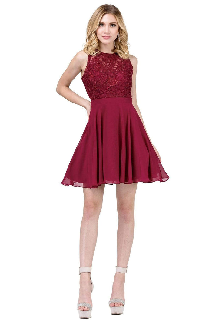 Dancing Queen - 3012 Jeweled Floral Lace Bodice Homecoming Dress Homecoming Dresses XS / Burgundy