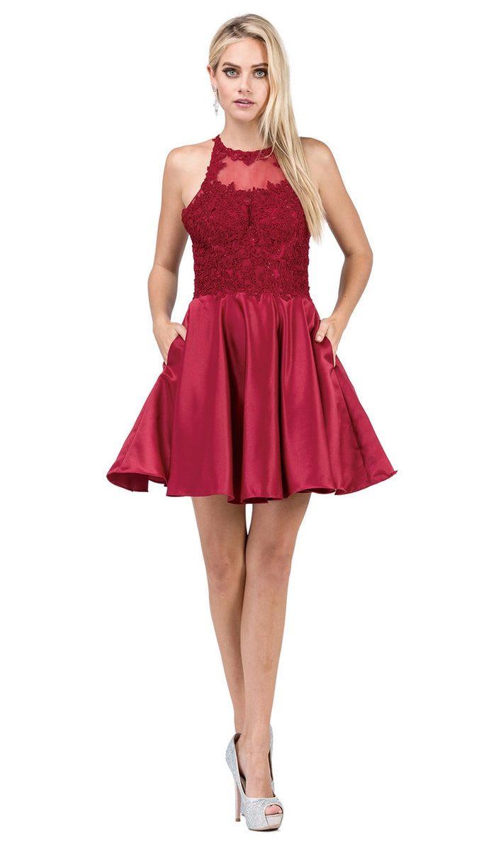 Dancing Queen - 3028 Halter A-Line Homecoming Cocktail Dress Homecoming Dresses XS / Burgundy