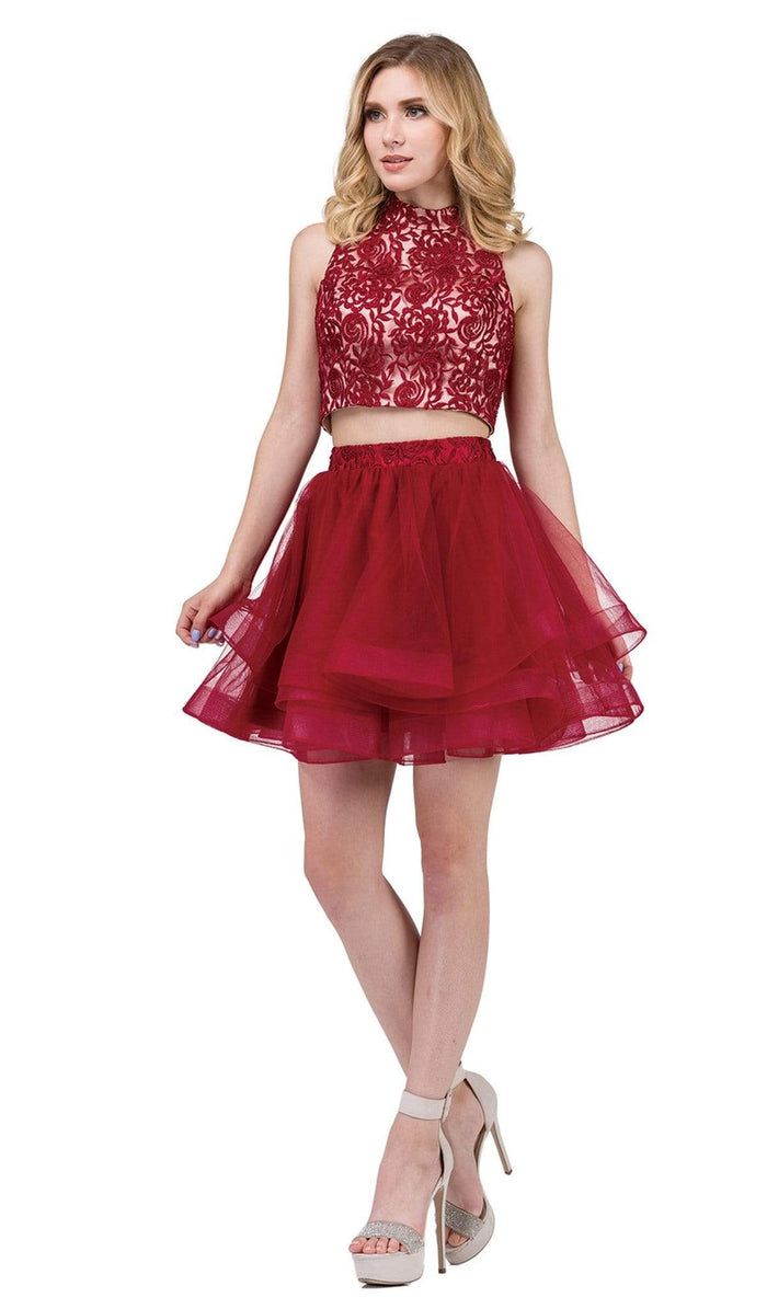 Dancing Queen - 3042 Two Piece Floral Embroidered Homecoming Dress Special Occasion Dress XS / Burgundy