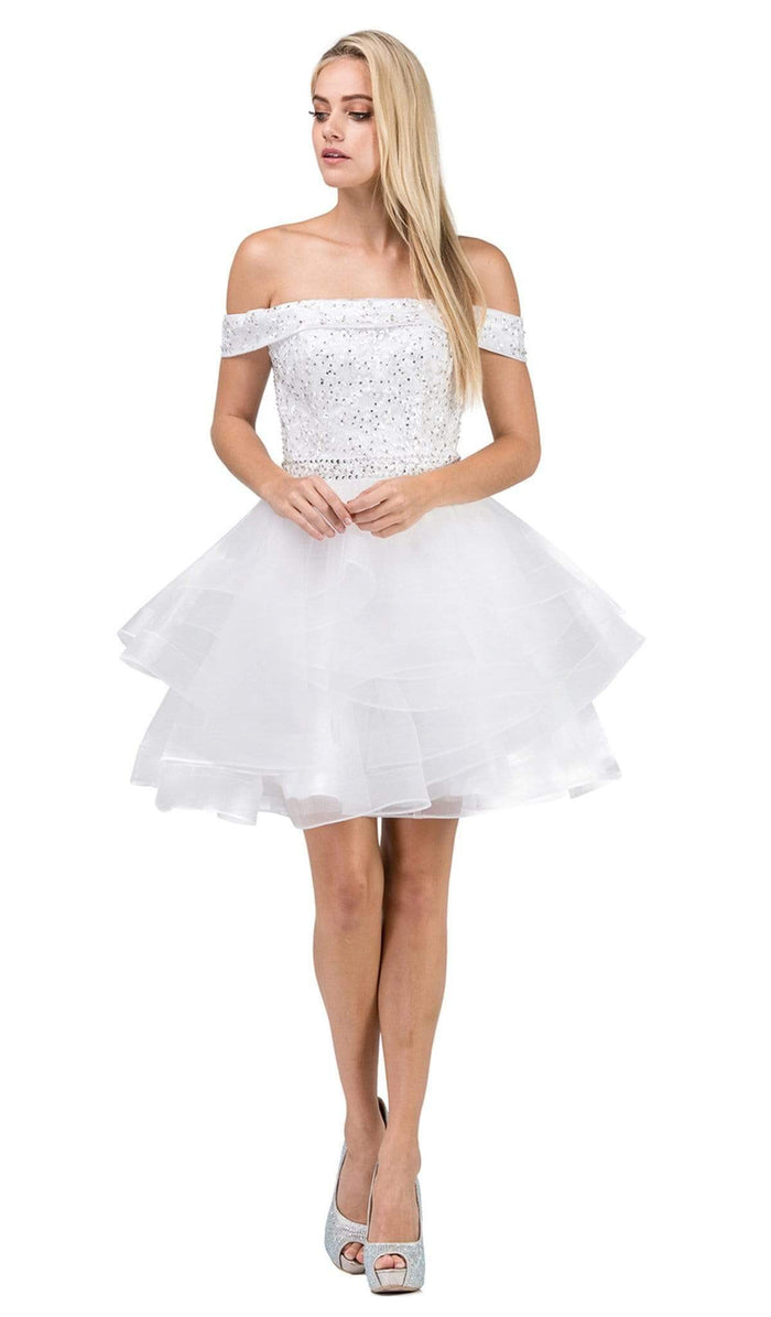 Dancing Queen - 3079 Off Shoulder Tiered Tulle Homecoming Dress Special Occasion Dress XS / Off White