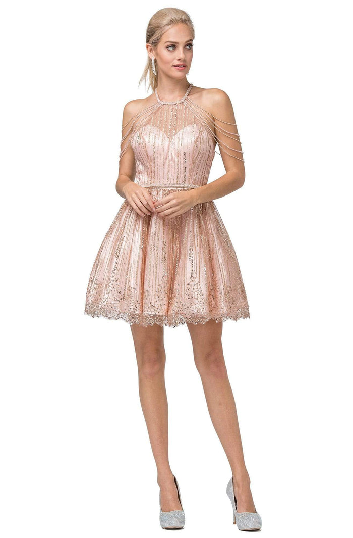 Dancing Queen - 3174 Embellished Halter Neck A-line Dress Homecoming Dresses XS / Rose Gold