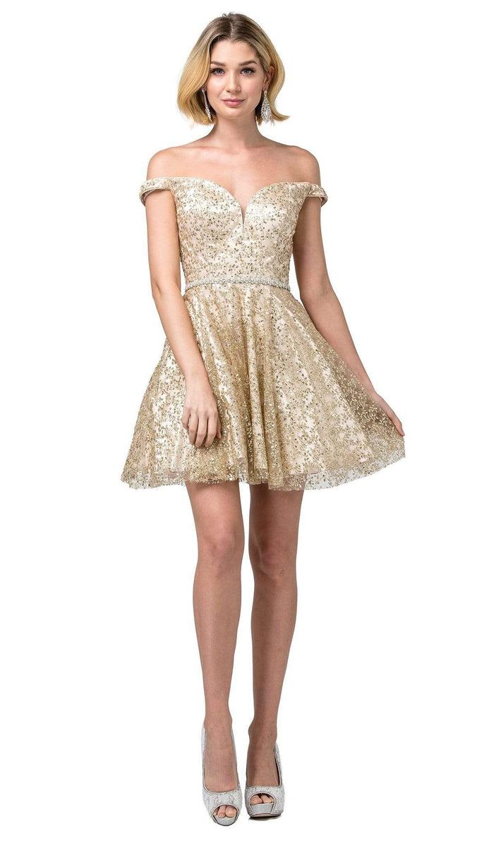Dancing Queen - 3184 Embellished Plunging Off-Shoulder A-line Dress Homecoming Dresses XS / Gold