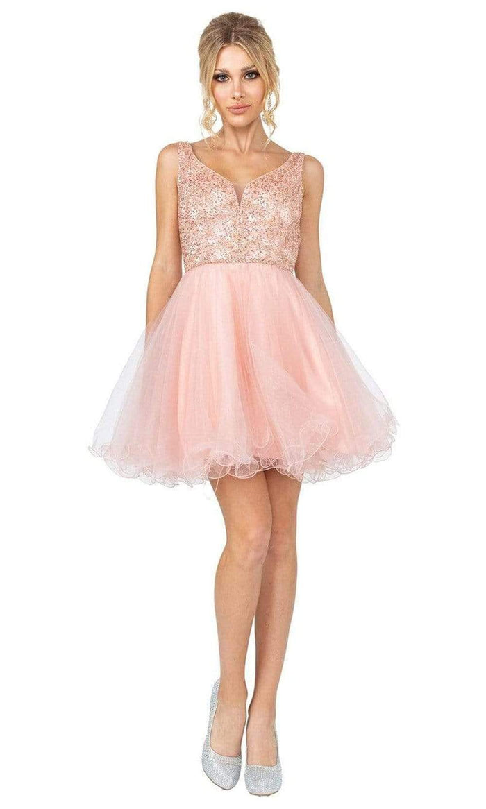 Dancing Queen - 3243 Glitter Embellished Fit and Flare Short Dress Homecoming Dresses XS / Blush
