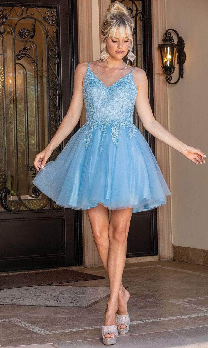 Dancing Queen 3303 - Embroidered V-Neck Tulle Cocktail Dress Special Occasion Dress XS / Bahama Blue