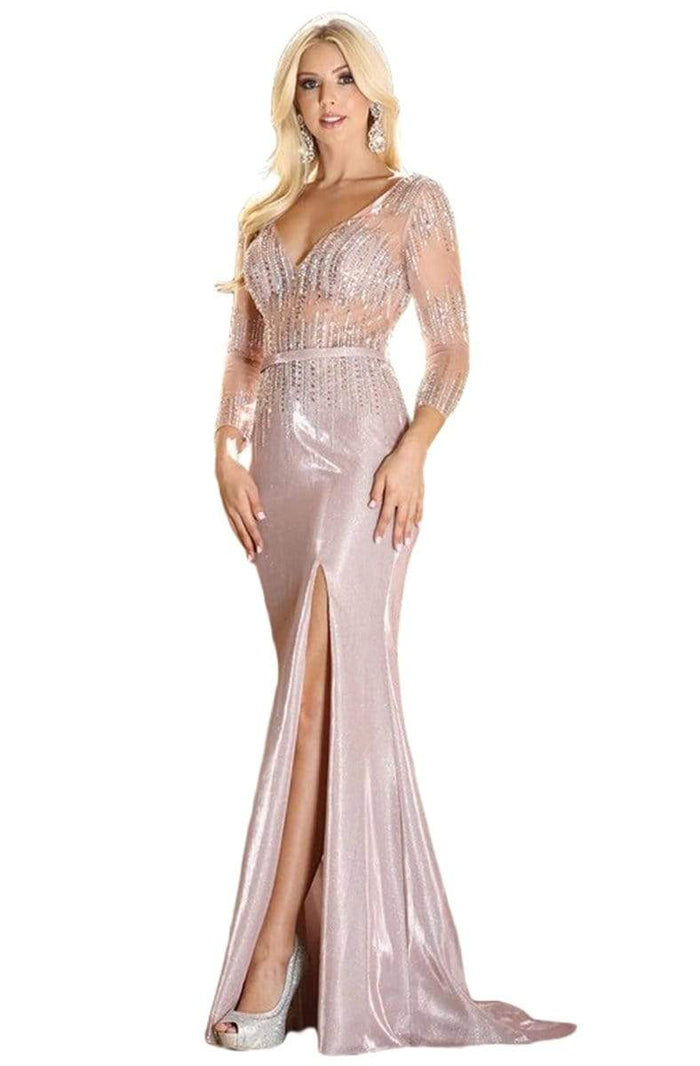 Dancing Queen - 4009 Embellished Plunging V-neck Trumpet Dress Prom Dresses XS / Rose Gold