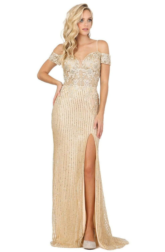 Dancing Queen - 4019 Embroidered Deep Off-Shoulder Trumpet Dress Prom Dresses XS / Gold